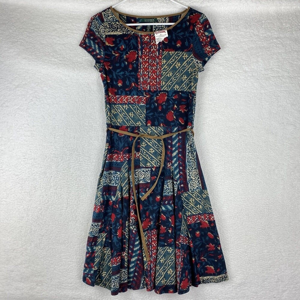 Lauren Ralph Lauren Navy Floral Patchwork Fit-and-Flare Dress with Red Accents